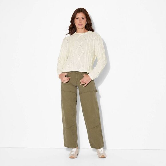 Wild Fable Sweaters - Women's Crewneck Cotton Cable Pullover Sweater - Wild Fable Cream L